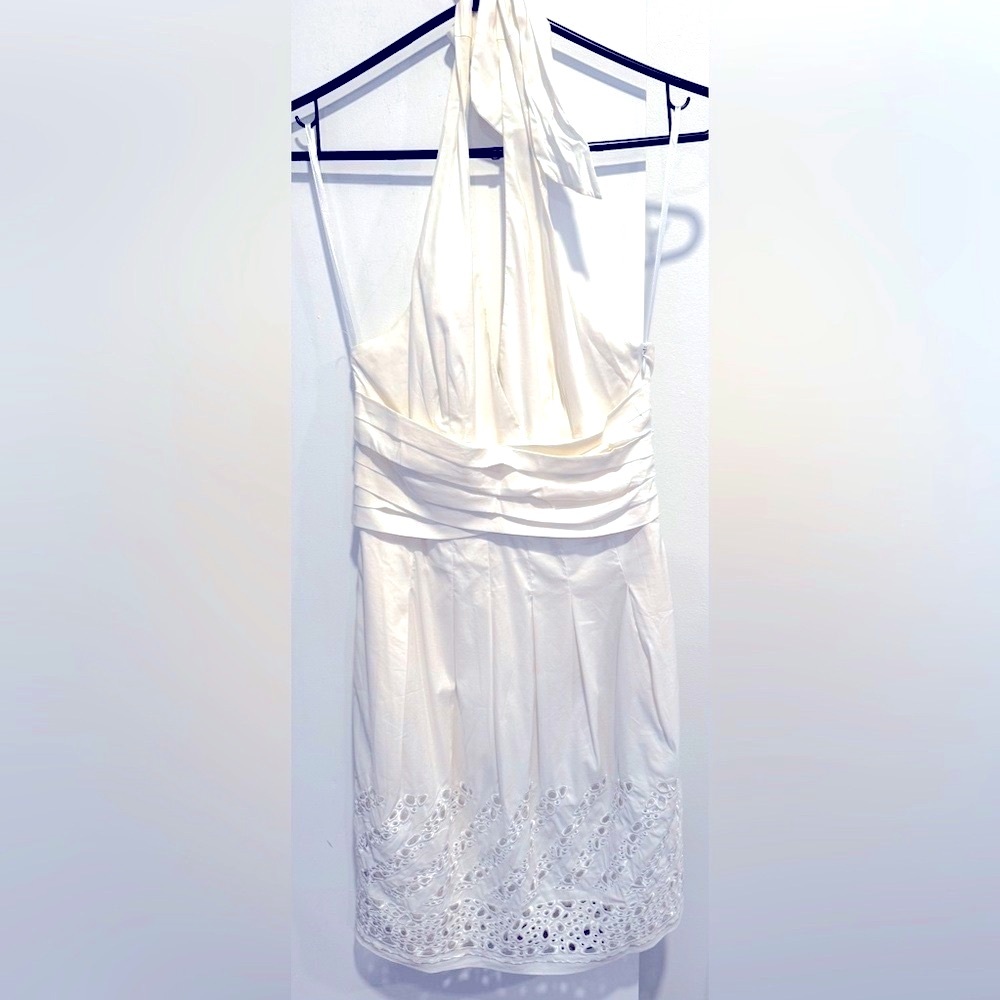 BCBGMaxazria cotton halter dress white mini cutout prom romantic garden party 0